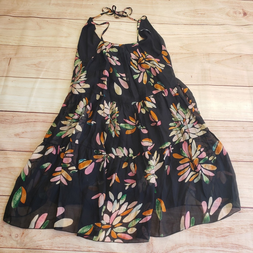 FRNCH Paris Floral Halter Tiered Silk Blend Mini Dress Womens XS Black